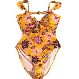 No Boundaries Girl's Yellow Tropical Floral One Piece High Leg Swimsuit Size XL